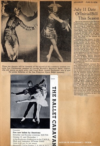 Scrapbook page with press clippings featuring images of Lew Christensen, Janet Reed and Ballet Caravan performance announcement