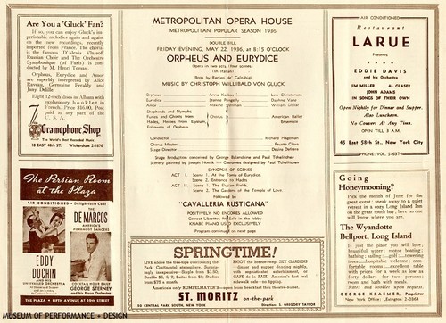 Excerpt from Metropolitan Popular Season Spring 1936 Program with "Orpheus and Eurydice" casting, May 22, 1936