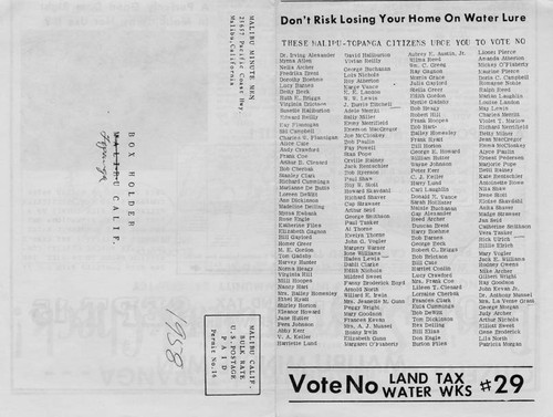 Electioneering flier urging voters to vote "NO" in the September 15, 1959 election to establish a Los Angeles Waterworks District no. 29