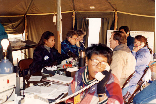 Temporary office following earthquake, California State University, Northridge, 1994