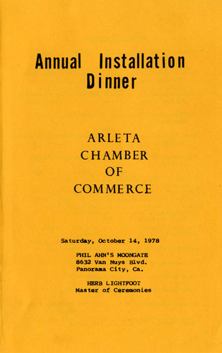 Annual Installation Dinner program, Arleta Chamber of Commerce, cover, Panorama City, 1978