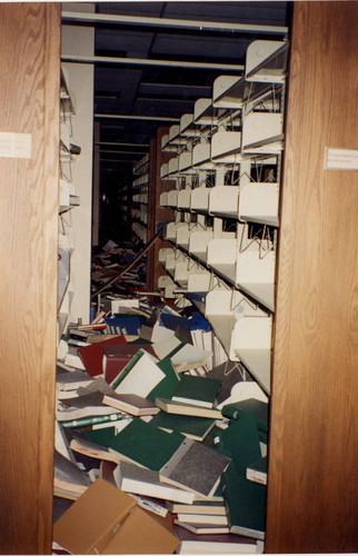 Earthquake damage, interior, Oviatt Library, California State University, Northridge, 1994