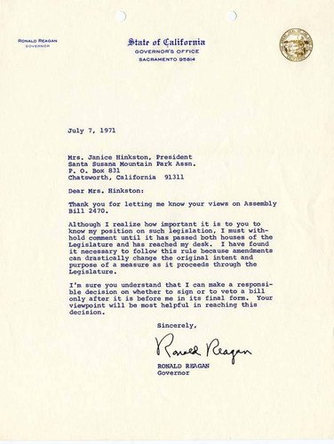 Letter from California Governor Ronald Reagan to Janice Hinkston regarding California Assembly Bill 2470, Sacramento, 1971