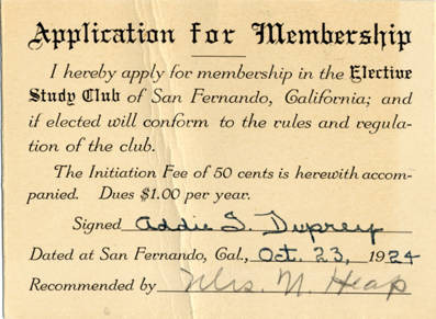 Elective Study Club of San Fernando membership application, 1924