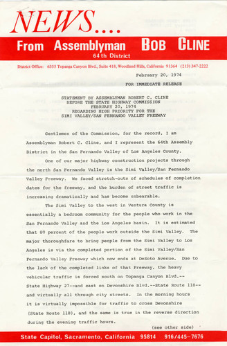 Press release, California Assemblyman Bob Cline, regarding Simi/San Fernando Valley Freeway, Woodland Hills, 1974