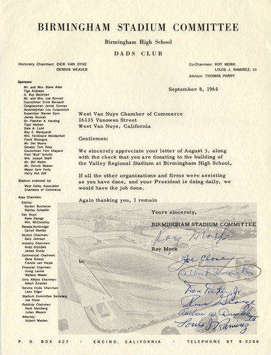 Letter from Birmingham High School Stadium Committee to West Van Nuys Chamber of Commerce, Van Nuys, 1965