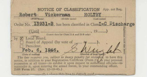 Selective Service System notice of classification card, 1946