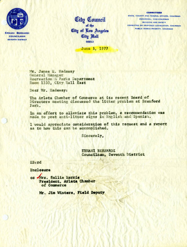 Letter regarding Branford Park litter problem, Arleta, 1977