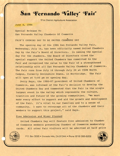 Announcement of opening of San Fernando Valley Fair, Granada Hills, 1986