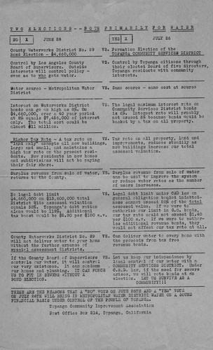 Topanga Community Improvement Association water related elections on June 28 and July 26, 1960 flier