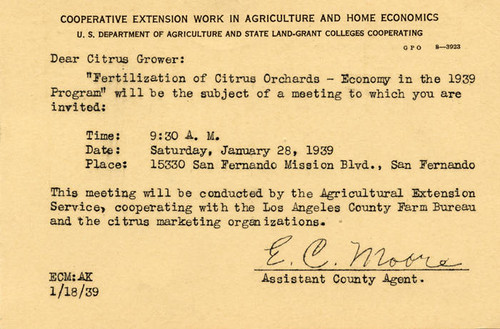 U. S. Department of Agriculture, Office of Cooperative Extension Work announcement of meeting, 1939