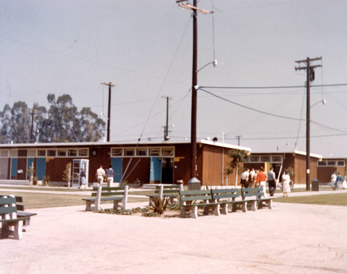 Students and temporary Buildings at San Fernando Valley State College campus, 1958