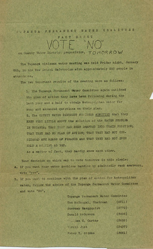 Topanga Permanent Water Committee Fact Sheet dated January 9, 1956 advising a "NO" vote at the January 10, 1956 election to establish the Topanga County Water District