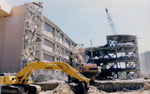 University Library west wing demolition, California State University, Northridge, circa 1997