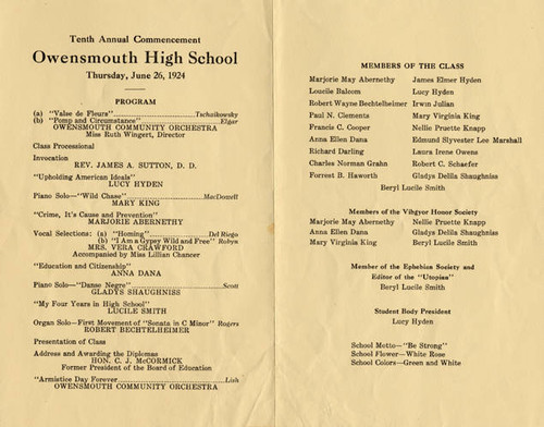 Owensmouth High School Commencement Brochure, 1924
