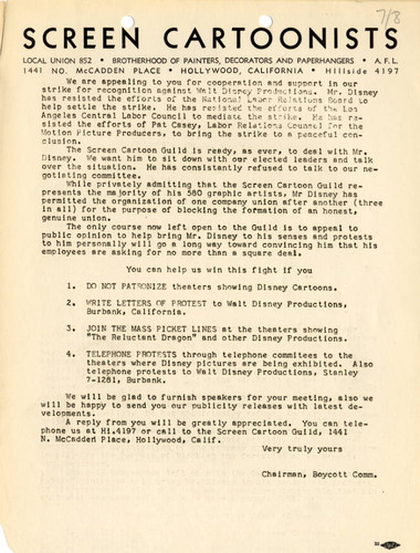 Screen Cartoonists Guild appeal to public for support of the strike against Disney, 1941