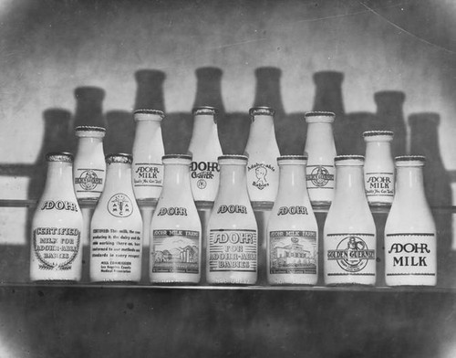 Adohr Farms Certified Milk products in bottles, circa 1936