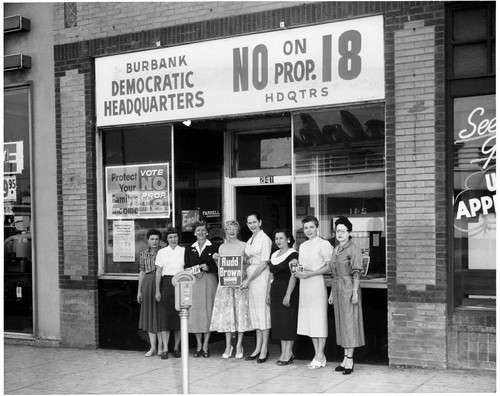 Democratic Headquarters and No on Proposition 18 campaign headquarters, Burbank, 1958