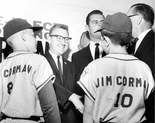 Congressman James C. Corman, baseball player Don Drysdale and the Canoga Park Tigers, Canoga Park, circa 1963