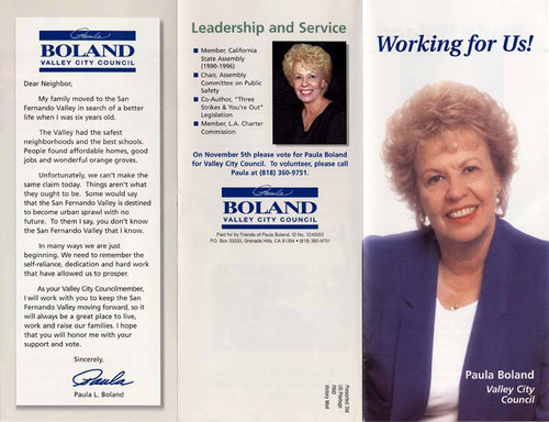 Paula Boland for Valley City Council brochure, 2002 (side 1)