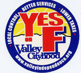"Yes on F: Valley Cityhood" sticker