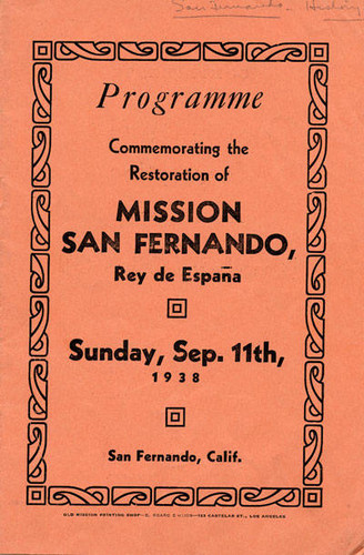 Programme Commemorating the Restoration of Mission San Fernando, 1938