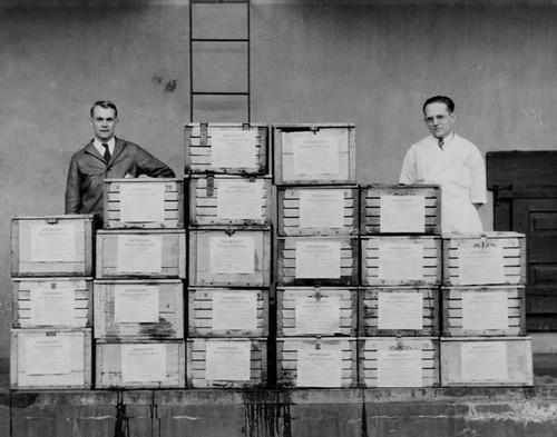 L. F. Krehbiel and Joseph Wenger of Adohr Farms ready milk for a delivery to the U. S. S. Houston, 1936