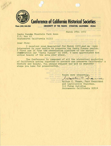 Letter from the Conference of California Historical Societies regarding Santa Susana Mountains