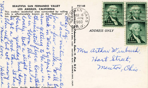 "Hello" from the San Fernando Valley postcard, circa late 1950s
