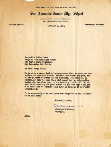 Letter from Adelaide Williams, San Fernando Junior High School, to Judge Julian Beck, San Fernando, 1954