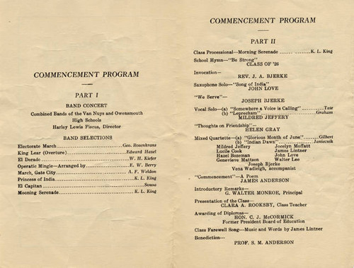 Owensmouth High School Commencement Brochure, 1926