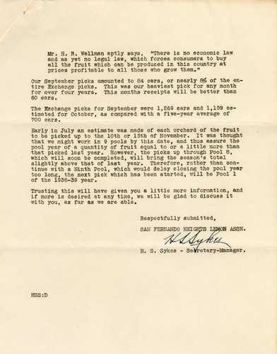 Letter from the San Fernando Heights Lemon Association to its members, October 24, 1938