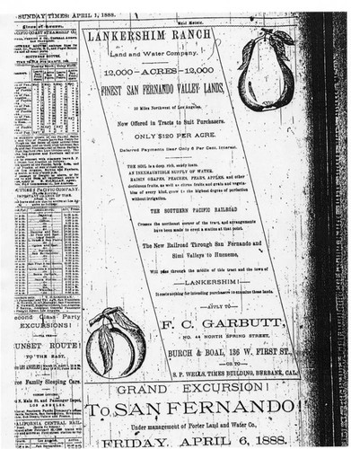 Lankershim Ranch Land and Water Company real estate advertisement, Los Angeles Times, Los Angeles, 1888