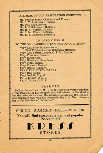 Programme Commemorating the Restoration of Mission San Fernando, 1938