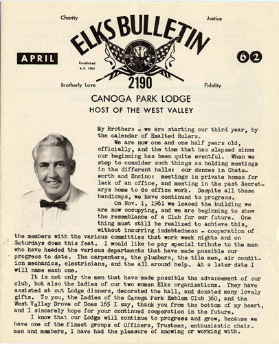 Canoga Park Elks Lodge 2190 Bulletin, April 1962