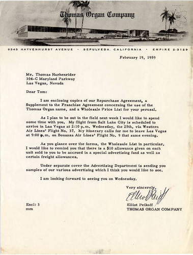 Letter from Thomas Organ Company, Sepulveda, 1958