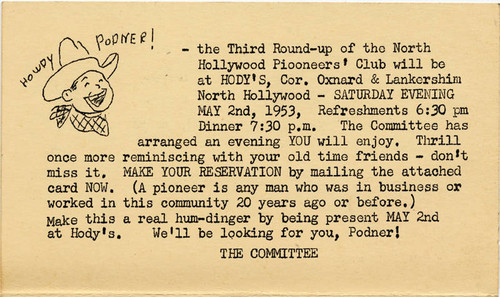 North Hollywood Pioneer's Club Round-up announcement, 1953