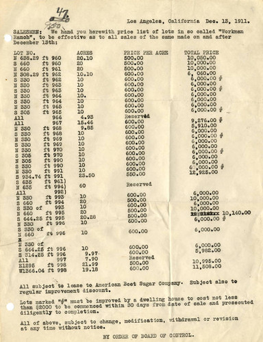 Lots prices at Workman Ranch, December 13, 1911