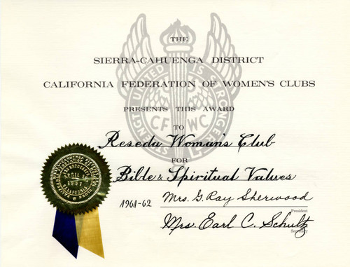 California Federation of Women's Clubs Award to Reseda Woman's Club, 1962