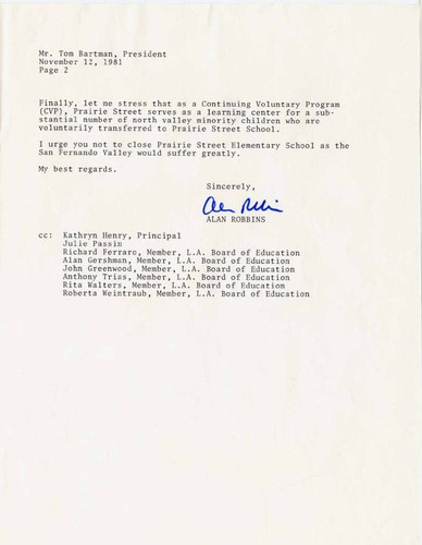 Letter from California State Senator Alan Robbins to Tom Bartman, Los Angeles Board of Education, regarding Prairie Street Elementary School, Sacramento, 1981