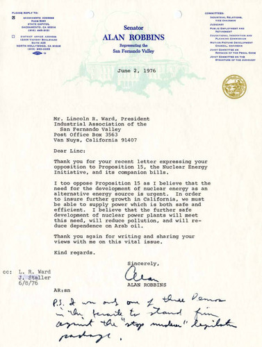 Letter from Senator Alan Robbins to Lincoln R. Ward, Regarding Proposition 15, 1976