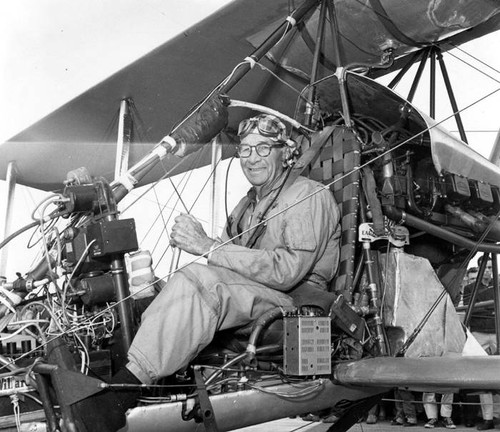 Waldo Waterman in his homebuilt airplane, Van Nuys Airport, 1965