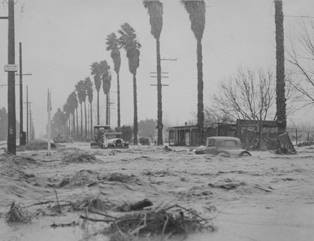 Sherman Way and Mason Avenue during the Los Angeles River flood, Canoga Park, 1938