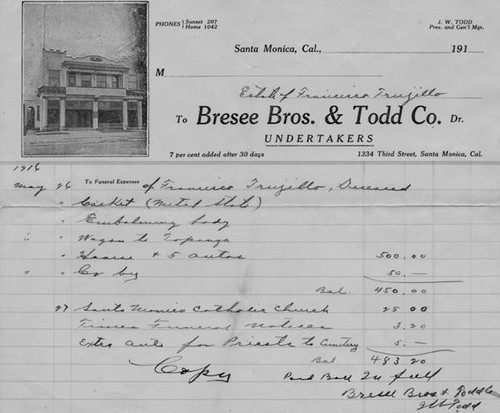 Receipt for Francisco Trujio's funeral in 1916