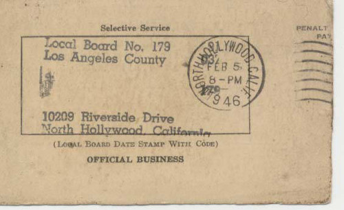 Selective Service notice of classification card, North Hollywood, 1946