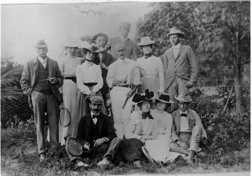 Davis family gathered for tennis game, North Hollywood, circa 1895-1902