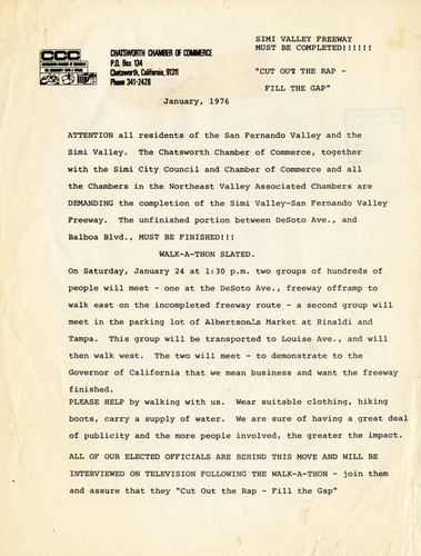 Flier, Chatsworth Chamber of Commerce, announcing Simi Valley Freeway Walk-a-thon, Chatsworth, 1976