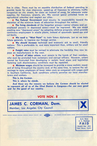 Campaign brochure, James C. Corman, California 22nd congressional district, 1960