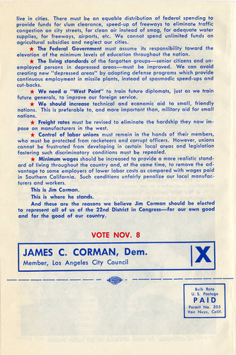 Right Man for the Right Job, circa 1956--Congressman James C. Corman (back cover)