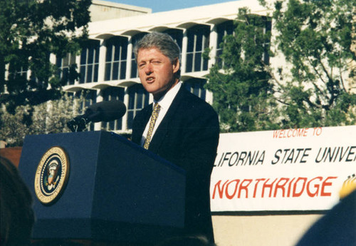 President William Jefferson Clinton addressing the community on the one year anniversary of the 1994 Northridge earthquake, 1995